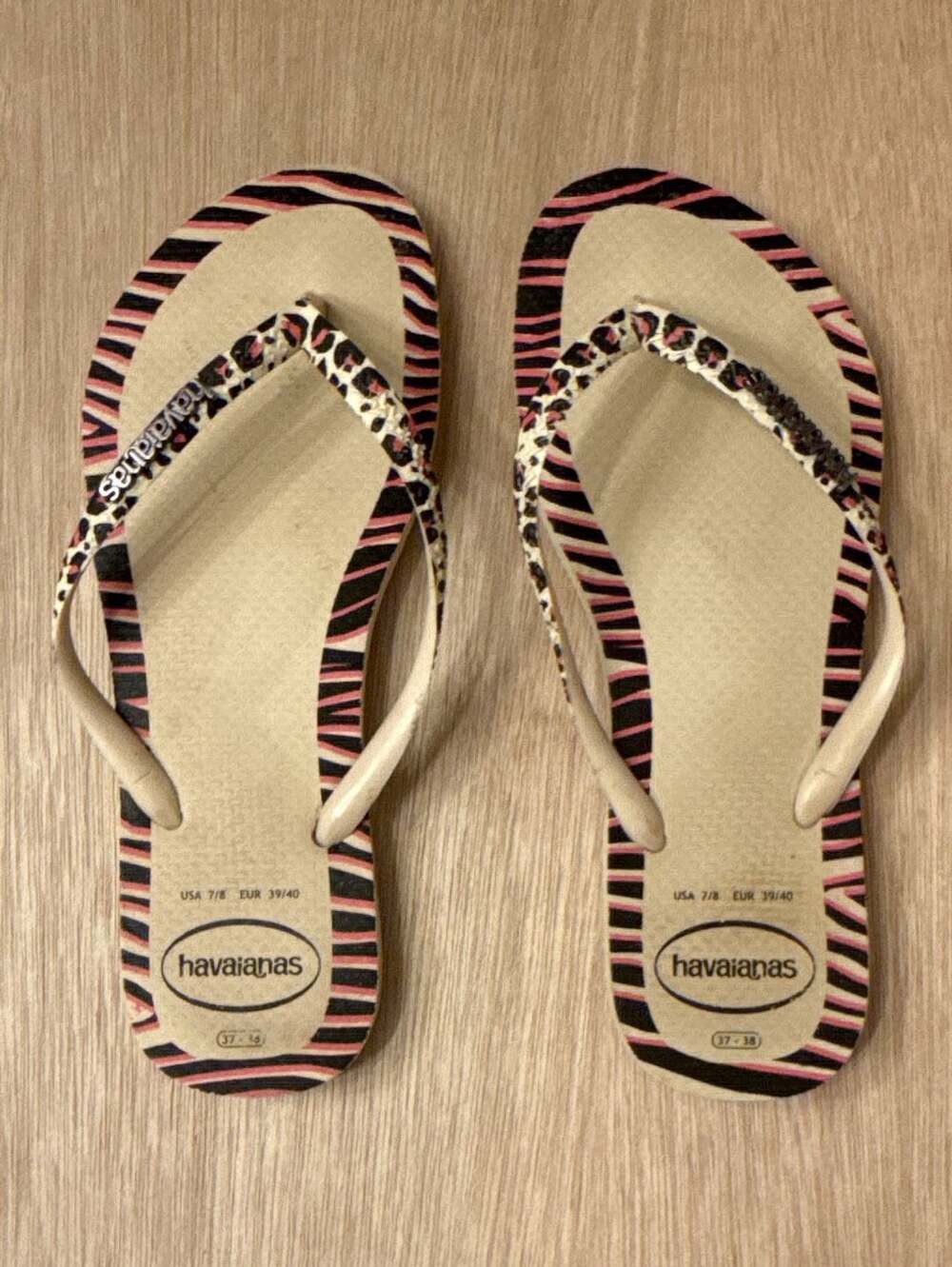 Y2K Havaianas Slim Mix Pink and Black Animal Print Flip Flops Size USA 7/8